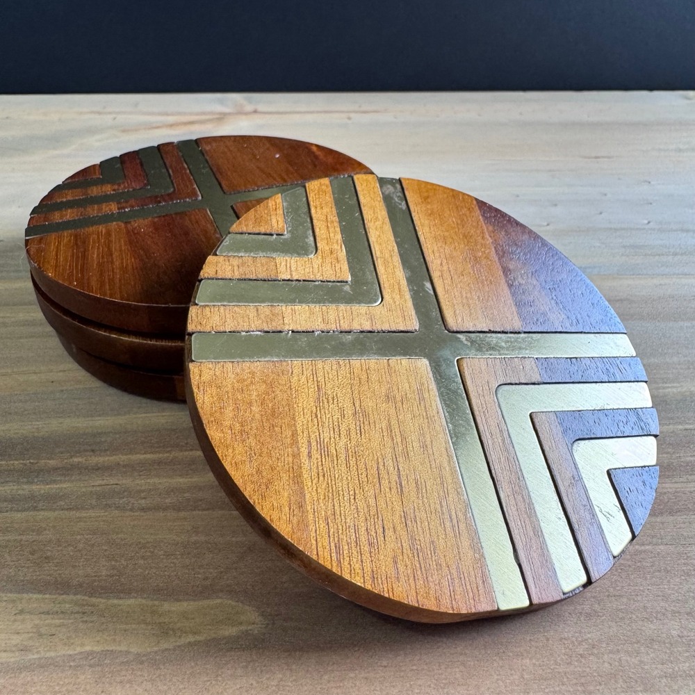 MCM Style 4" Wood & Brass Inlay Coasters - Set of 4, Cork Backing, Boho Decor